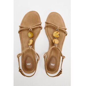 Zara Leather Sandals Embellished Front Beads Round toe Ankle buckle strap Sz 10